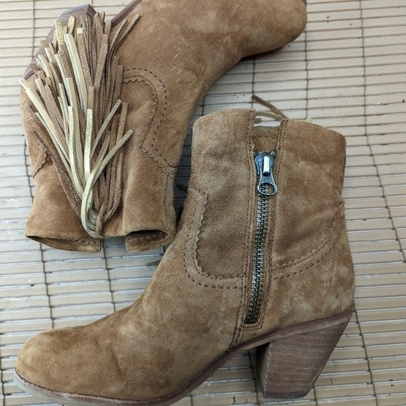 Sam Edelman "Louie" side zip Suede Fringe Ankle Booties Chestnut Size 7M.  208pm - Picture 5 of 10